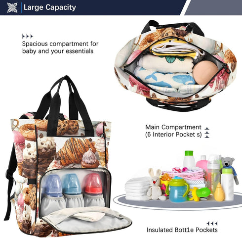 SUABO Backpack Bread Ice Cream Pattern Baby Diaper Bag Large Bag Waterproof Travel Diaper Bags for Moms and Dads