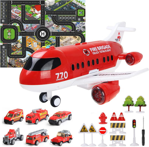 Coolplay Red Airplane Toy Set - Rescue Fire Truck & Ambulance Car