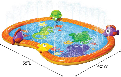 58 3D Summer BANZAI Splash Pad Toddler Water Play Mat, in Outdoor Kids Sprinkler Mat with Sea Characters, Baby Splash