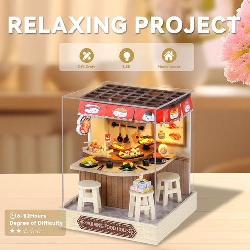 Flever Dollhouse Miniature DIY House Kit Creative Room with Furniture for Romantic Artwork Gift (Revolving Food House)