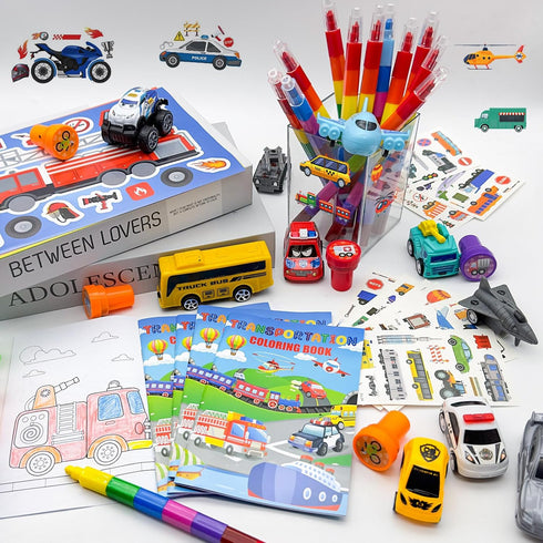72 Set, Cinrobiye Pcs Transportation Party Favors Vehicle Car Coloring Books Crayons Tattoos Stickers Stampers