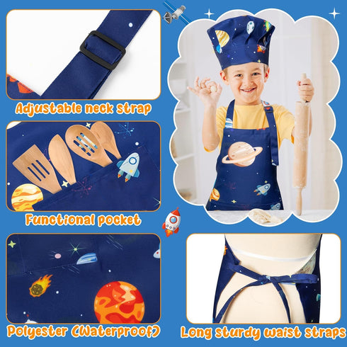 GROBRO7 4Pcs Set 2 Kids Apron and Chef Hat Gift for Girls Boy, Space Theme Pattern Adjustable Kitchen Toddler Aprons