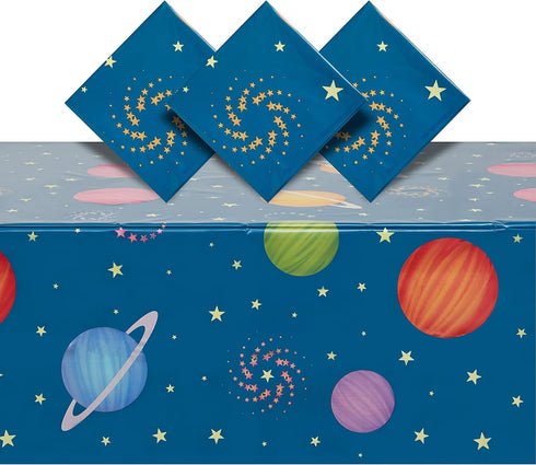 3 Pack Plastic Outer Space Tablecloths, Disposable Planets Table Covers for Galaxy Birthday Party (54 x 108 in)