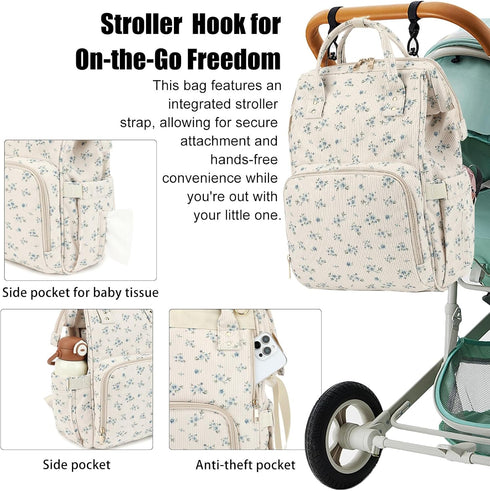 Qiwuphx Backpack Corduroy Diaper Bag for Mom, Large Capacity Travel Nappy Bag for Baby Girls & Boys with Stroller