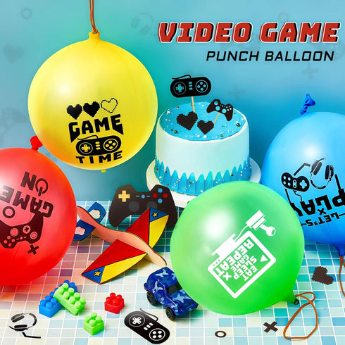 32 Pcs Video Game Punch Balloons - Pixelated Punch Balls for Birthday Party Favors, Blue, Red, Yellow, Green