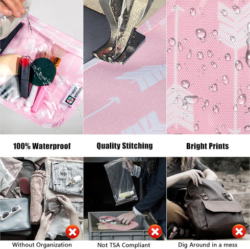 TSA Approved Toiletry Bag, Set of 3 Clear Diaper Bag Organizing Pouches, Waterproof Travel Pouch Set, Arrow Pink