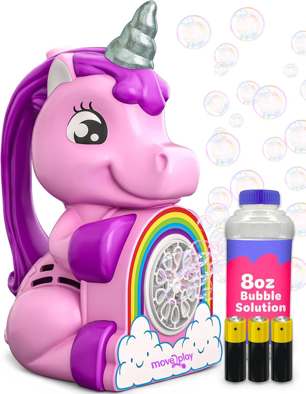 Move2Play Unicorn Bubble Blower | Bubble Machine Toy for Toddlers, Boys and Girls | Indoor & Outdoor Birthday Party Gift