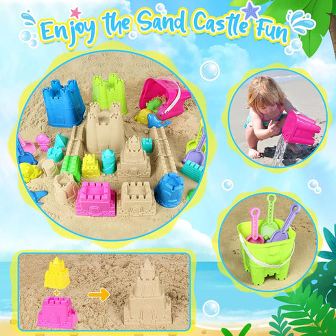 Beach Toys for Toddlers, Sand Castle Toys with 3 Buckets, 4 Shovels, Mesh Bag & Sand Molds for Kids Age 3-10