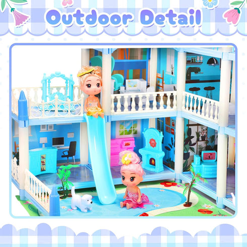 AmiDear 4-Story 11 Playset 3 4 5 6 7 8 9 10 Dollhouse with Rooms, Dream Gift Princess Doll House with Furniture, Blue