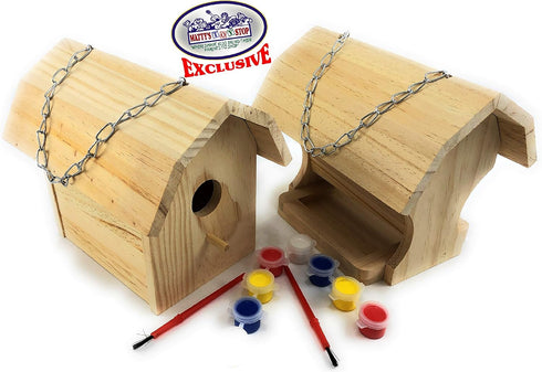 Matty's Toy Stop Paint-A-Barn Gift Set Bundle - Wooden Birdhouse & Bird Feeder (Includes Paints & Brushes) - 2 Pack