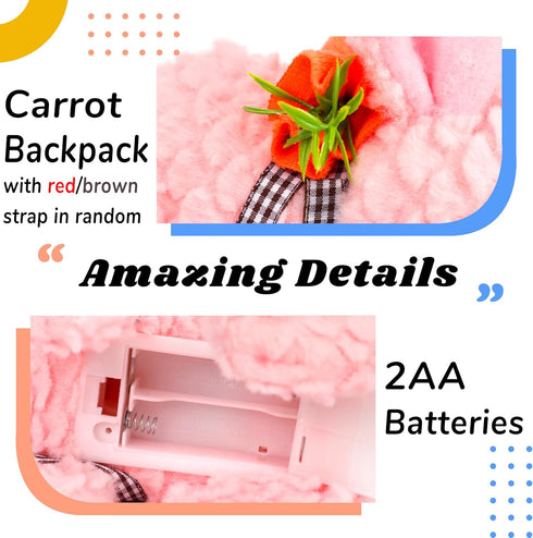 Hopearl Hopping Rabbit with LED Ears Carrot Backpack, Interactive Plush Bunny Toy with Sounds, Gift for Toddlers, Pink,