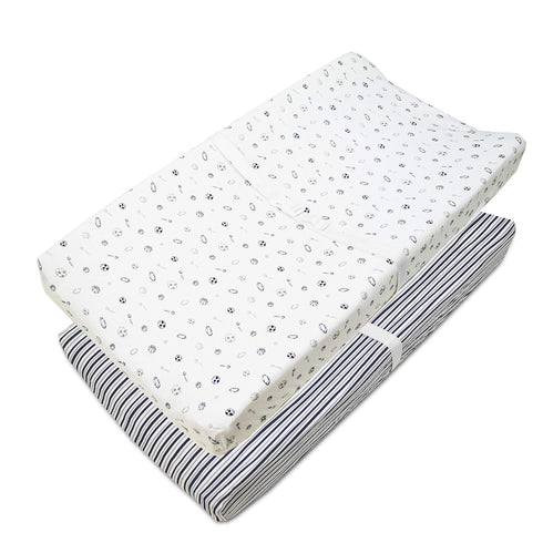 American Baby Company 2 Pack Printed 100% Cotton Knit Fitted Changing Table Pad Cover, Gray Stripes & Sports