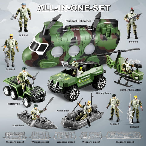 JASSKKBO 56-in-1 Sets 4-7 8-12, Army Men Toys for Boys Military Helicopter/Truck/Kayak Boat/Motorcycle/Army Men Action
