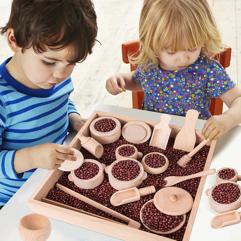 Montessori Sensory Bin Tools Toy with Wooden Box for Toddlers, Pretend Play Dish Toys, Kids Fine Motor Skills