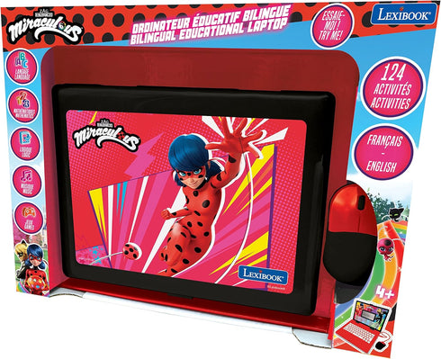 LEXiBOOK Miraculous Educational and Bilingual Laptop, English/Spanish Toy for Kids, 124 Activities with Ladybug