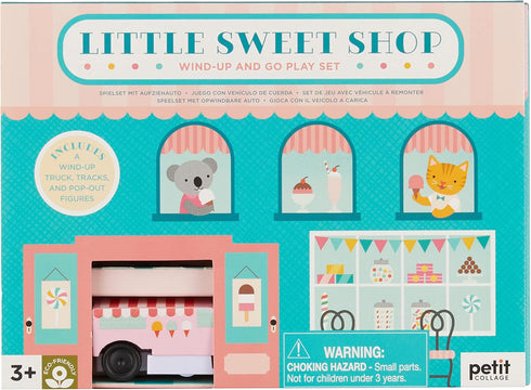 Petit Collage Wind Up Toy Playset - Little Sweet Shop Wooden Toy Set with Ice Cream Truck and Track Pieces