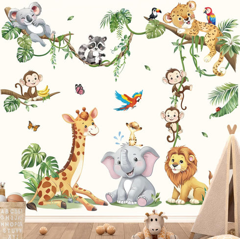 decalmile Safari Animals Tree Branch Wall Stickers Jungle Animals Giraffe Elephant Leopard Tropical Leaves Wall Decals