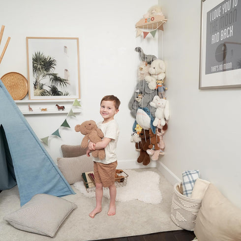 Stuffed Animal Storage Zoo with Decorative Muslin Garland - Cute Wooden Toy Storage Organizer for Kids Playroom