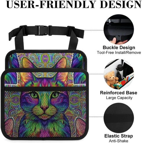 PPIKTC Spacious Hanging Auto Seat Organizer with Ventilated Mesh Pockets for Wet Wipes and Baby Supplies, Colorful Cat