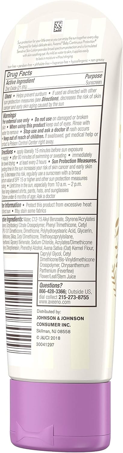 Aveeno Baby SPF 50 Continuous Protection Zinc Oxide Mineral Sunscreen Lotion, 3 fl. Oz, Travel-Size