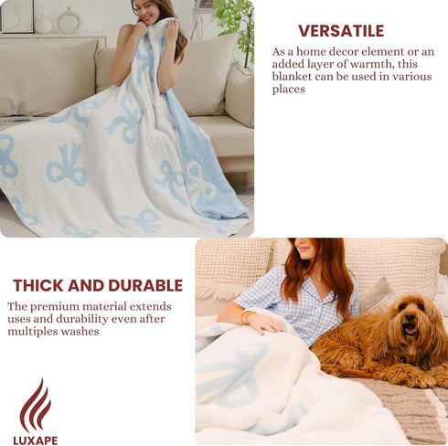 Cozy 50x60 Bow Blanket Blue Bows Soft Throw Blanket Reversible Premium Fabric for Best Comfort