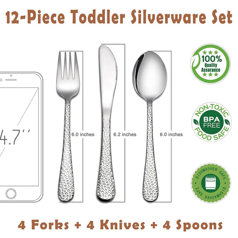 12-Piece Toddler Kids Silverware Set, HaWare Stainless Steel Hammered Flatware Cutlery, Children Tableware Includes 4 Spoons 4 Forks 4 Butter Knives, Ideal for Preschooler, Dishwasher Safe by HaWare
