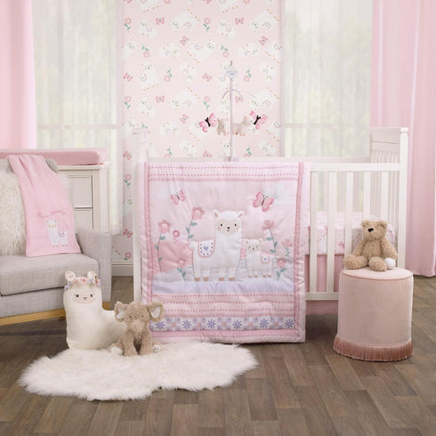 Little Love by NoJo Super Soft Fitted Crib Sheet - Sweet Llama & Butterflies Floral in Pink, Ivory, Lavender, Light