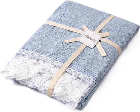 Booulfi Baby Blankets Neutral Knitted Blue Cotton Blue Baby Blanket Stroller Lace