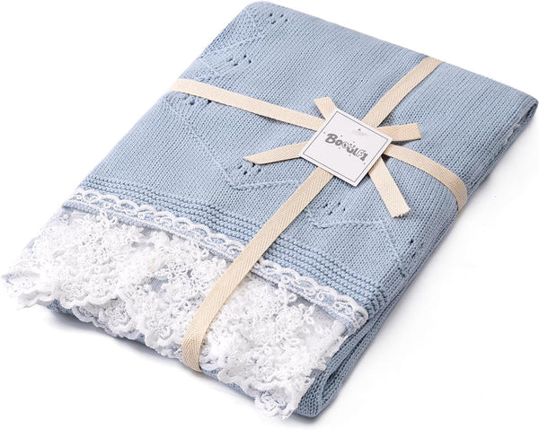 Booulfi Baby Blankets Neutral Knitted Blue Cotton Blue Baby Blanket Stroller Lace