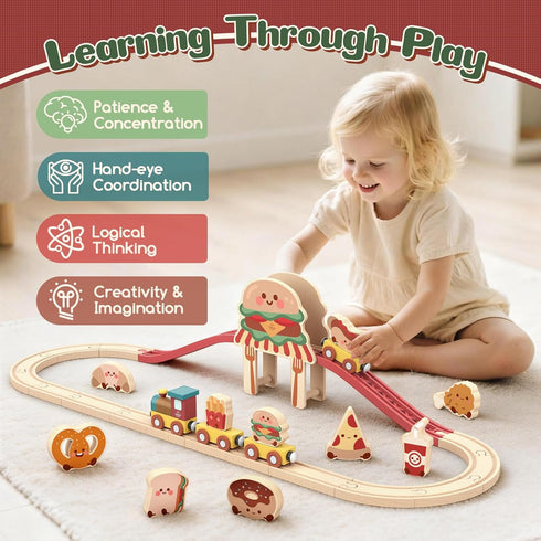 Set 2-4, Set 3-5 Lehoo Castle Wooden Train for Toddlers Burger Theme Train Track Compatible with Major Brands