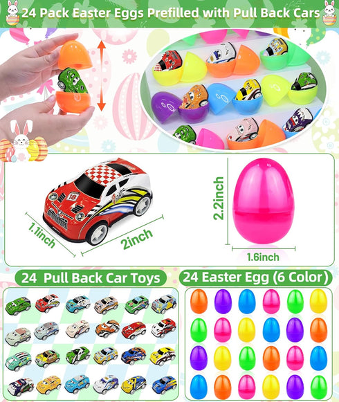 24 Pack Prefilled Easter Eggs with Pull Back Cars, Easter Basket Stuffers Toys Colorful Racing Vehicle for Kids Boys