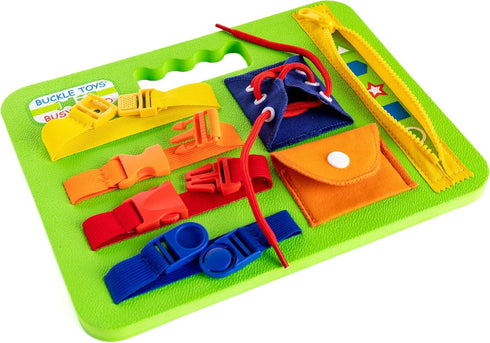 Buckle Toys Green Busy Board for 1 Year Old Toddlers, Montessori Travel Essentials for Kids to Develop Fine Motor Skills