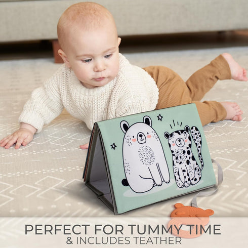 Soft Tummy Time Book with Baby Safe Mirror - High Contrast Montessori Toy with Crinkle Filling & Teether