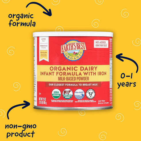 Earth's Best Organic Baby Formula for Babies 0-12 Months - Powdered Dairy Infant Formula with Iron, 21 oz