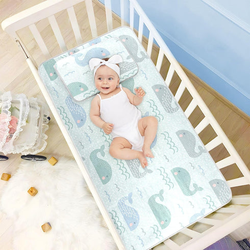 Burbuja 28x52 Baby Cooling Mat Cute Whales Bed Pad Ice Silk Cool Mat for Crib Mattress, Sleeping Pad with Pillowcase