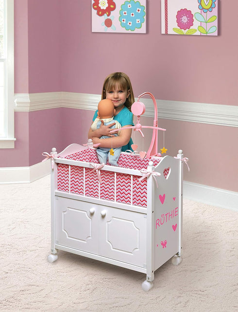 Toy Doll Bed with Storage Cabinet by Badger Basket, Chevron Bedding for 22 inch Dolls