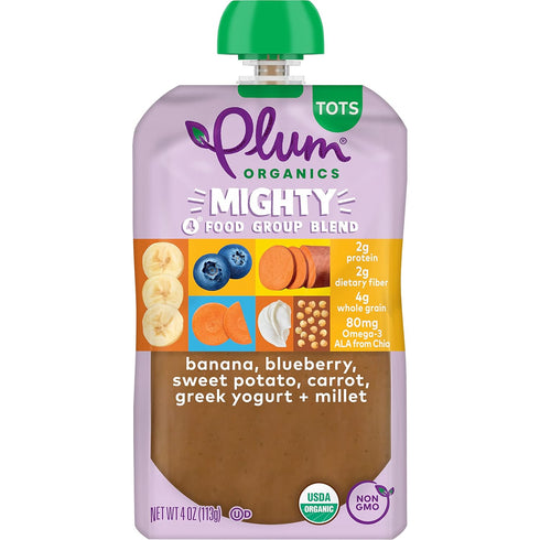 Plum Organics Mighty 4 Organic Toddler Food - Banana, Blueberry, Sweet Potato, Carrot, Greek Yogurt, and Millet - 4 oz Pouch (Pack of 4) - Organic Fruit and Vegetable Toddler Food Pouch