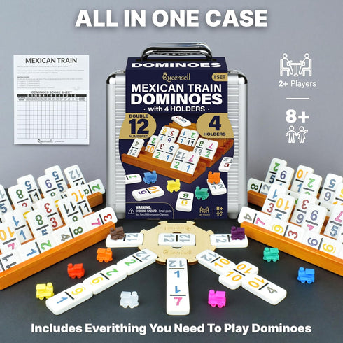 Queensell Mexican Train Dominoes Set - Double 12 with Numbers and 4 Holders - Wooden Hub and Tiles Holders