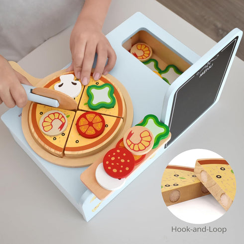 Set 3-6 Counter 24 Pillowhale Wooden Pizza Play for Kids Slice and Serve Pretend Play Food with Hook-and-Loop Cutting