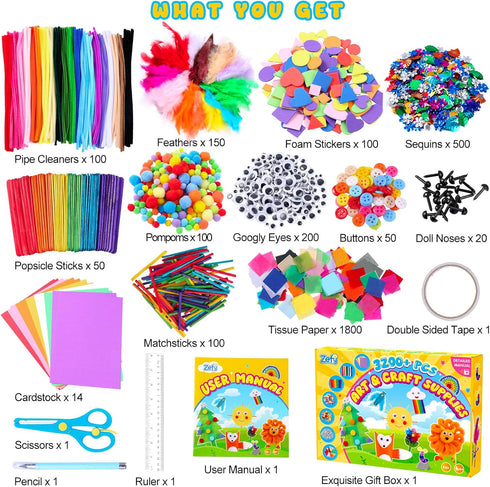Zefy 3200+ 12 4-12 Pcs Arts and Crafts Supplies for Kids, All in One Craft Kits with Crafts Design, DIY School Supplies