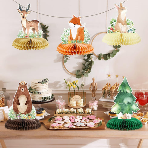 Fumete 9 Pack Woodland Animals Honeycomb Centerpieces, 3D Table Topper Baby Shower Decorations for Green Forest Theme