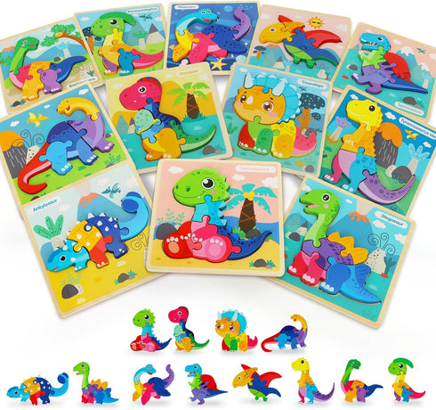 TOY Life Wooden Puzzles for Toddlers 2-4, 12 Pack Dinosaurs Puzzles for