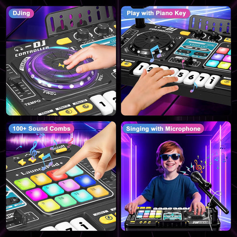 3 4 5 6 Set DJ Mixer for Kids, Toddler DJ Mixing Table with DJ Turntable, Game Mode, Light & Speed Control