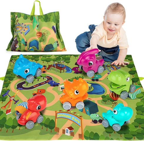 ALASOU 6 PCS Dinosaur Truck Car Toys with Playmat/Storage Bag, Baby Toys for 1-3 Year Old Boys, Birthday Gift