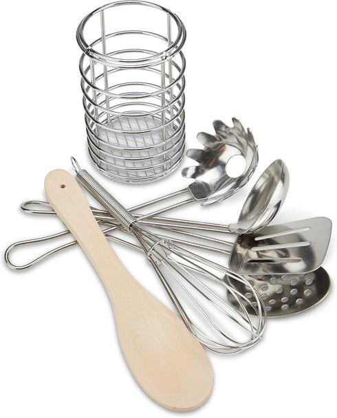 (7 3+ Melissa & Doug Stir & Serve Cooking Utensils pcs) - Stainless Steel & Wooden Play Kitchen Accessories, Preschool