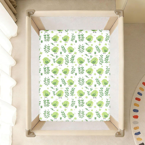 miaozhen 1 Pack 52x28 Cotton Baby Crib Sheets for Boys Girls Soft Comfy Emerald Green Cute Playful Bird Toddler Bed