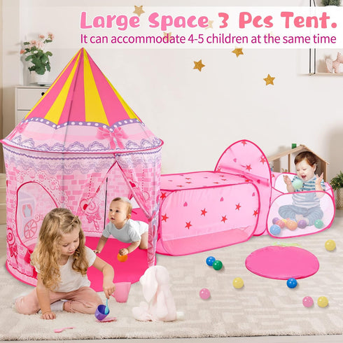 3pc Princess Fairy Tale Kids Play Tent, Cube Crawl Tunnel, Ball Pit for Toddlers Indoor Outdoor Playhouse