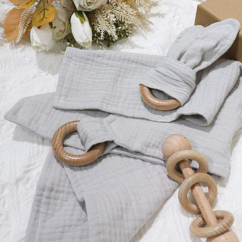 Baby Lovey and Wood Rattle Teether Ring, 3 Pack Montessori Gift, Gray Cotton Double Gauze for Baby Shower