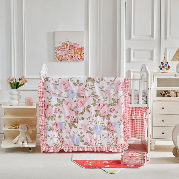 Shxime 3 Piece Floral Crib Bedding Set, Soft Quilted Baby Comforter with Fitted