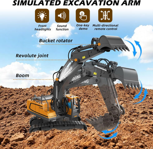 2.4Ghz, 6-12 Remote Control Excavator Toys, RC Construction Toys with Metal Shovel, Lights, Sounds RC Truck Digger Toys
